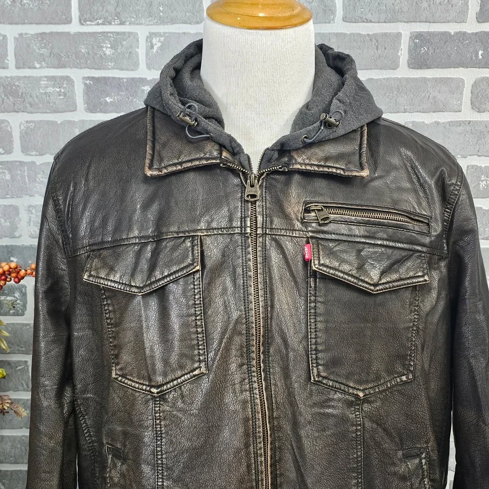 Levi's Men's Faux Leather Sherpa Hoodie Jacket XXL Brown Distressed Grunge Moto‎